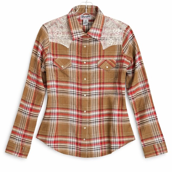Wrangler Western Shirt Womens Large Brown Plaid Lace Pearl Snap Boho Cowgirl - Picture 2 of 9